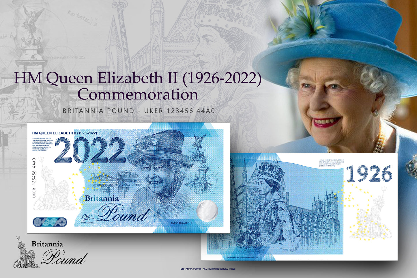 One Banknote, Britannia Pound, souvenir note, banknote, euro souvenir, Queen Elizabeth, UK, commemorative note