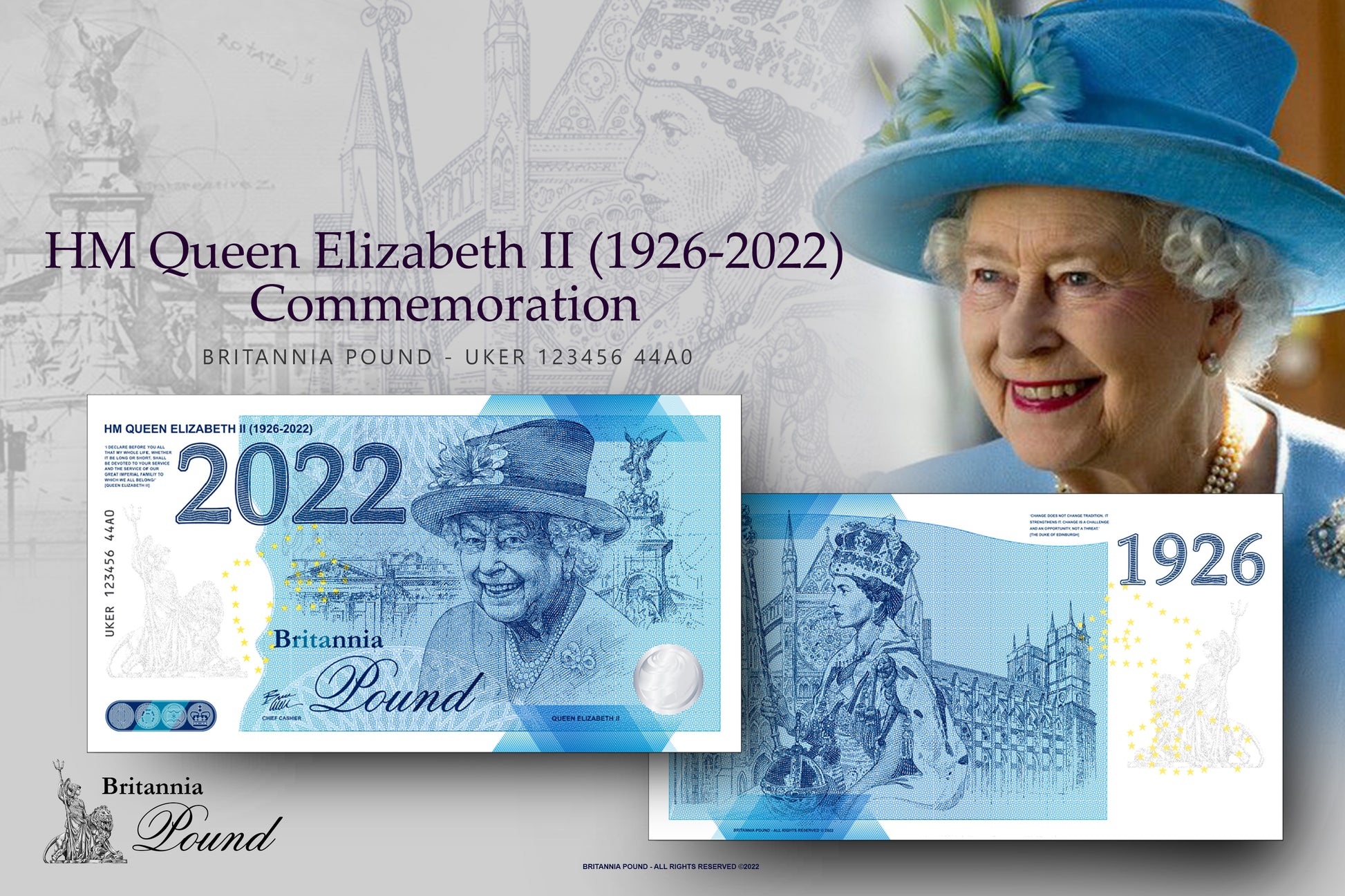 One Banknote, Britannia Pound, souvenir note, banknote, euro souvenir, Queen Elizabeth, UK, commemorative note