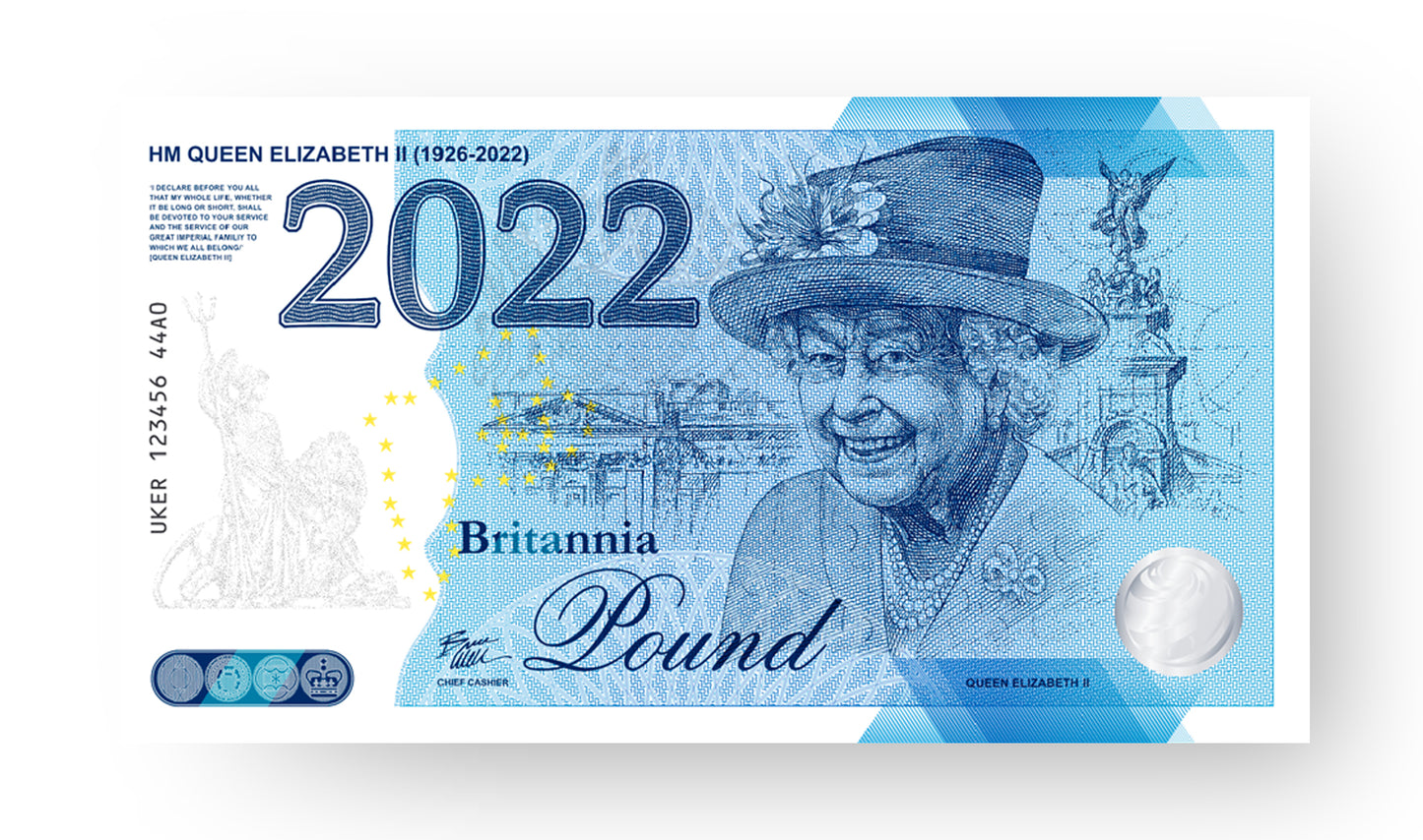 One Banknote, Britannia Pound, souvenir note, banknote, euro souvenir, Queen Elizabeth, UK, commemorative note