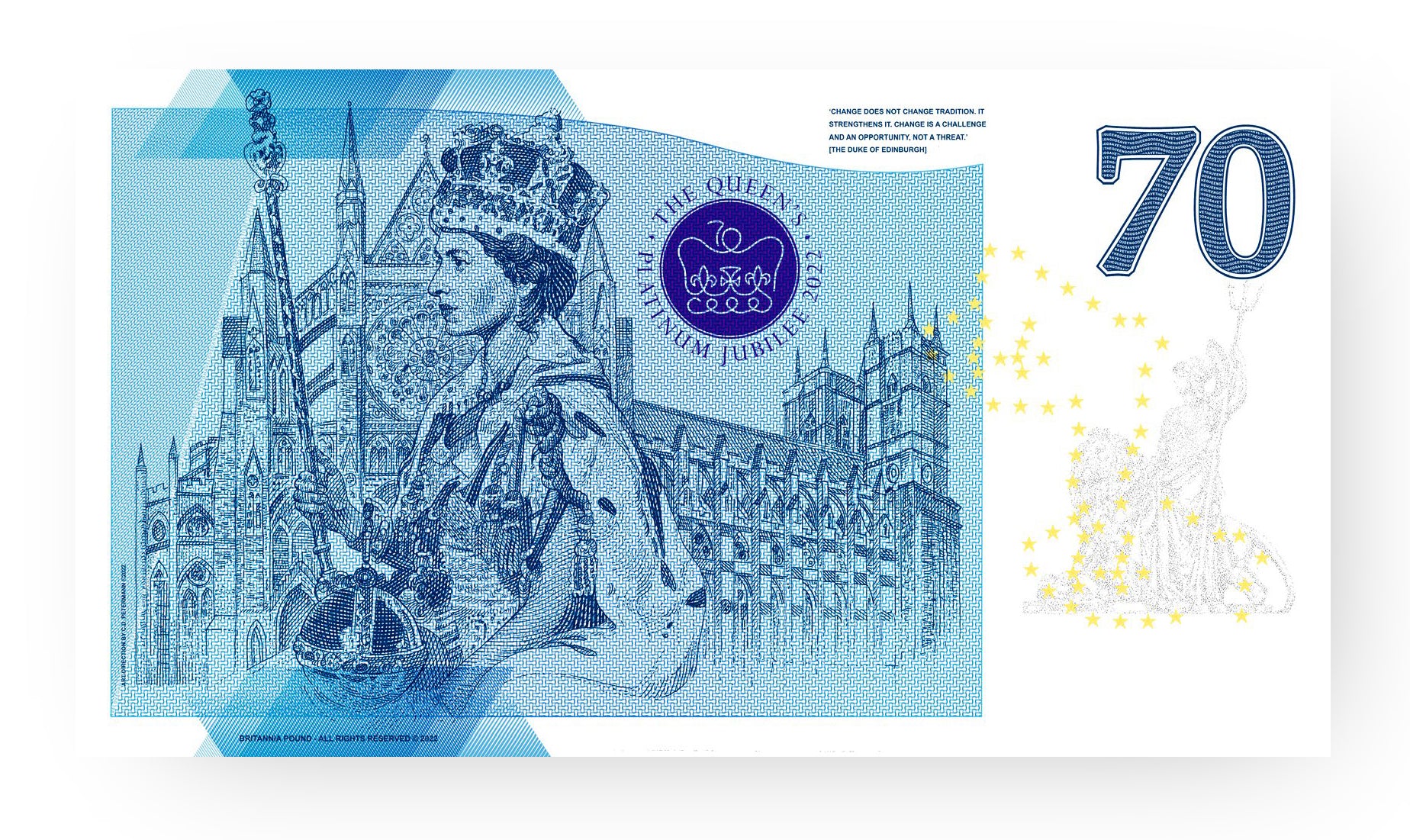 One Banknote, Britannia Pound, souvenir note, banknote, euro souvenir, Queen Elizabeth, UK, commemorative note