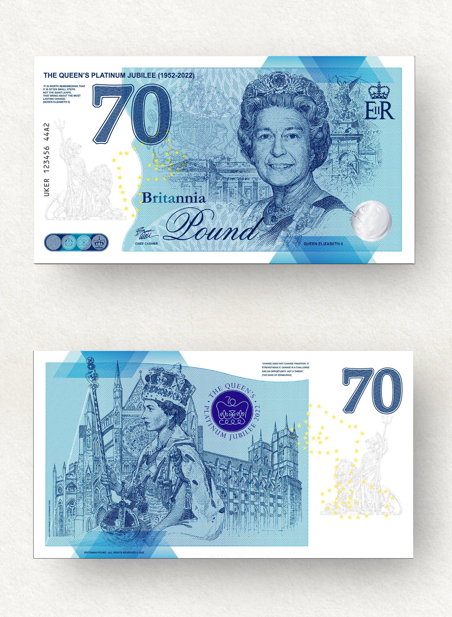 One Banknote, Britannia Pound, souvenir note, banknote, euro souvenir, Queen Elizabeth, UK, commemorative note