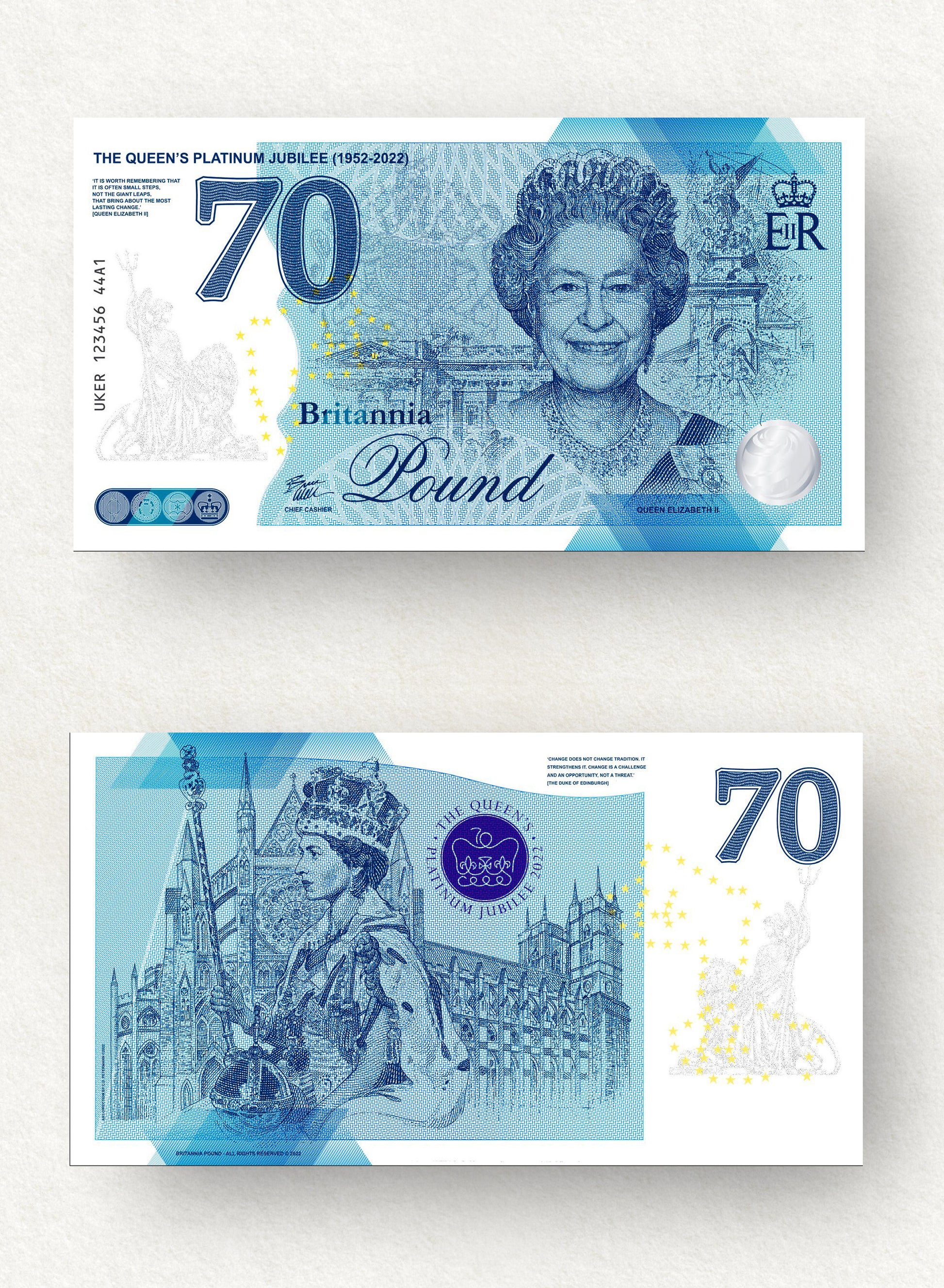One Banknote, Britannia Pound, souvenir note, banknote, euro souvenir, Queen Elizabeth, UK, commemorative note