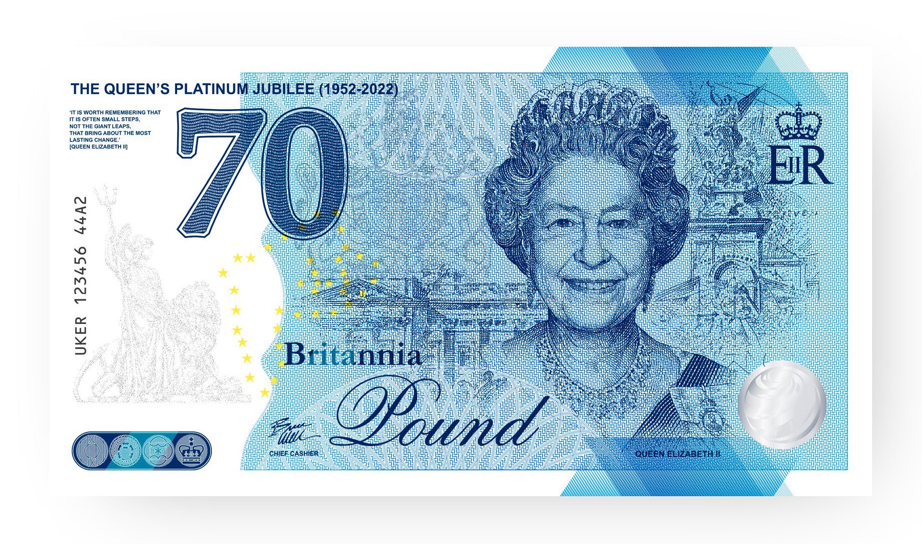 One Banknote, Britannia Pound, souvenir note, banknote, euro souvenir, Queen Elizabeth, UK, commemorative note