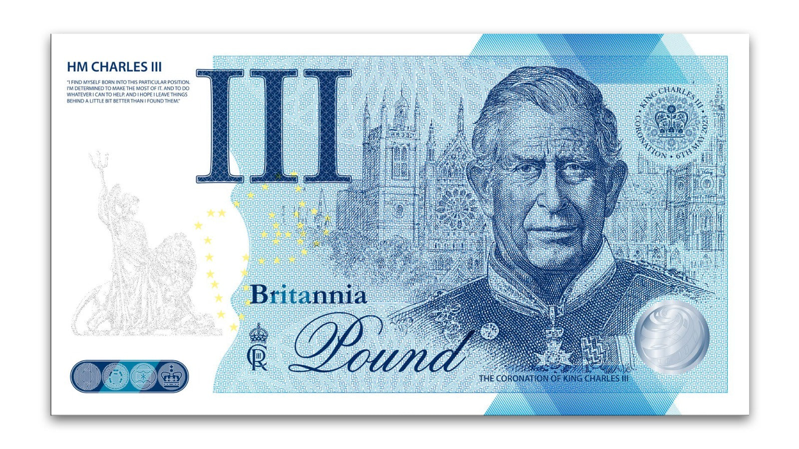 One Banknote, Britannia Pound, souvenir note, banknote, euro souvenir, King Charles, UK